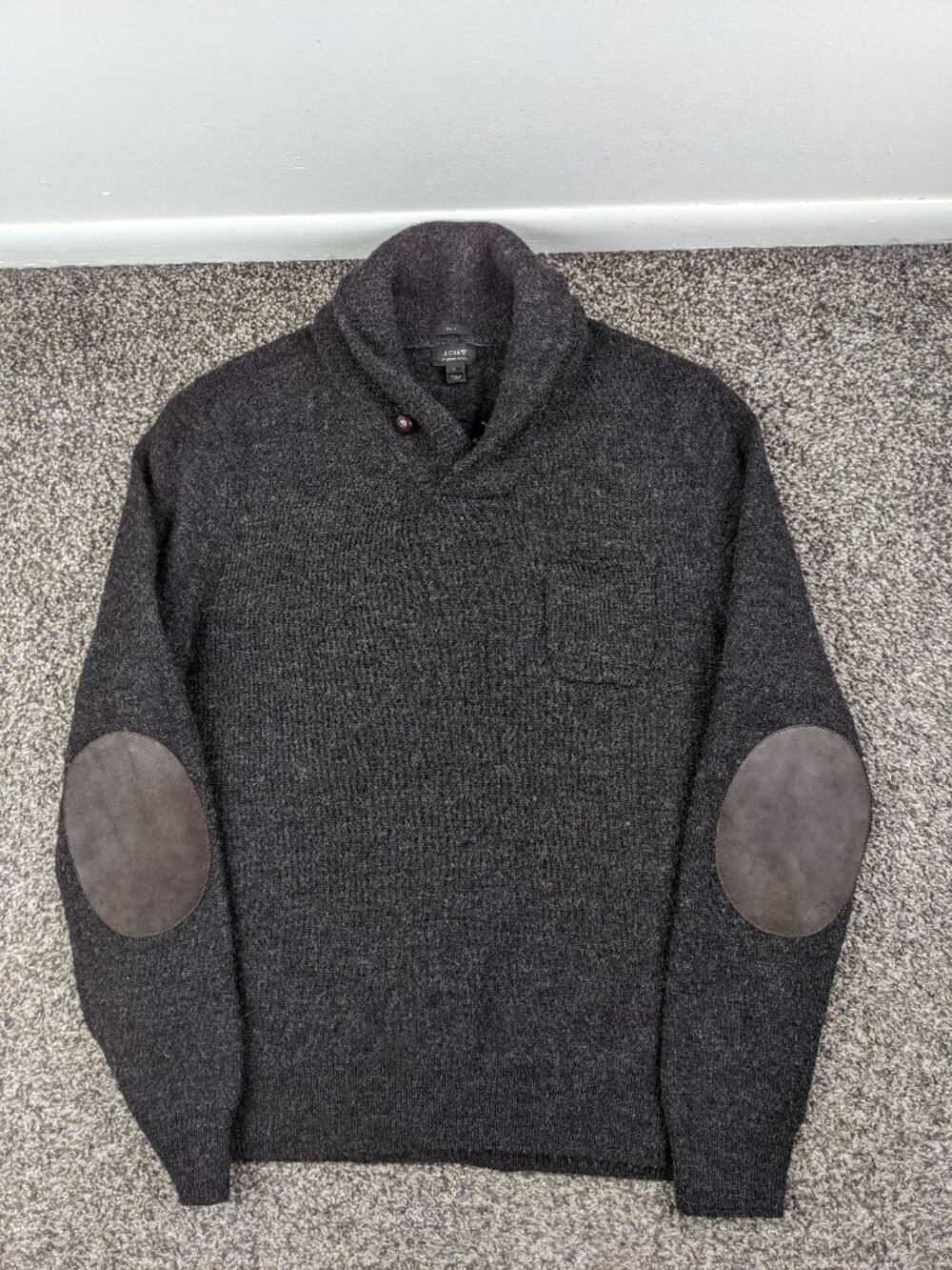 J Crew Sweater Fuzzy Merino Wool Shawl Collar Elbow Patches Gray Mens Large Slim
